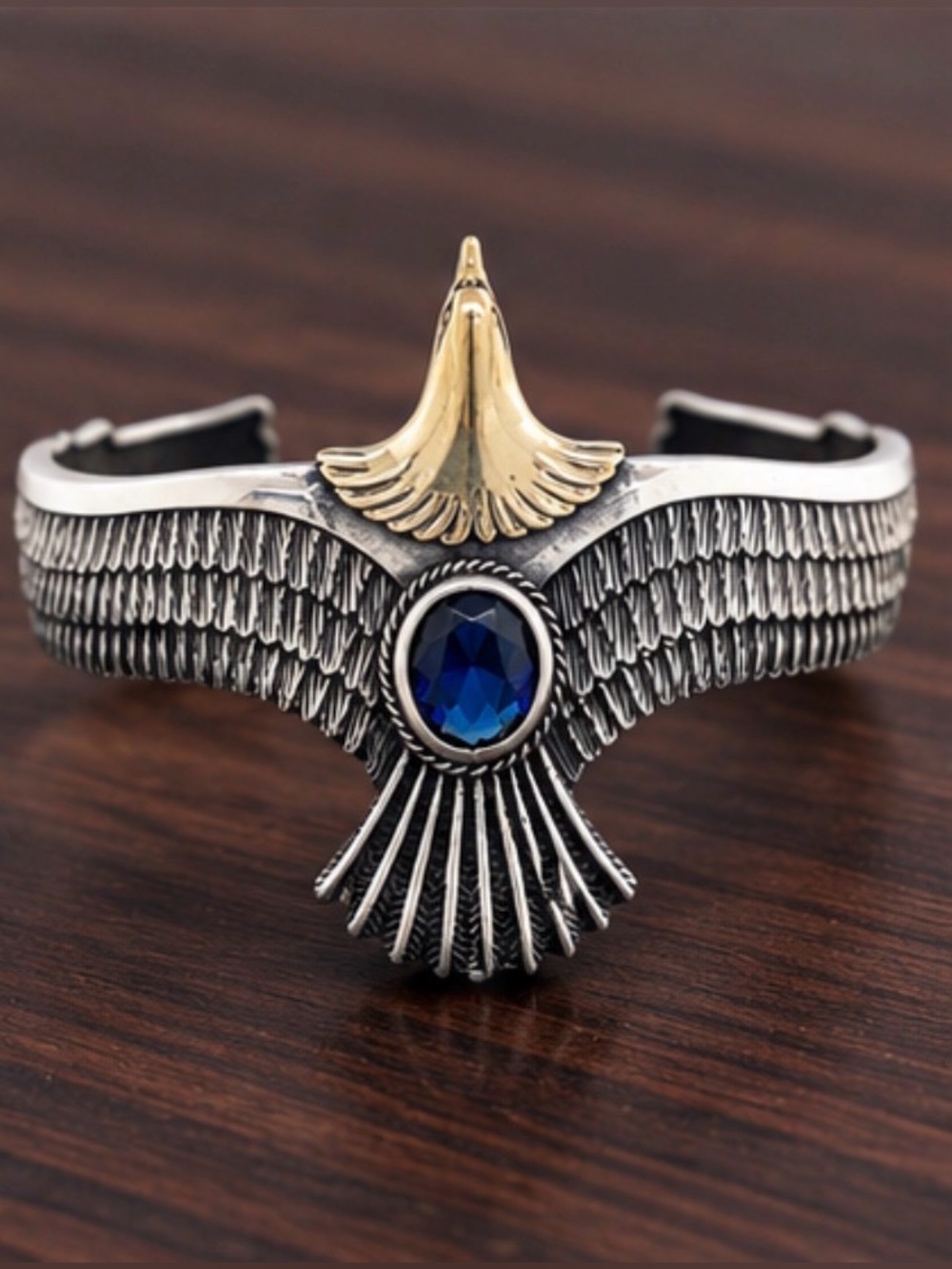Gold & stealing Silver Eagle Cuff Bracelet with Blue Stone - Women Jewelry